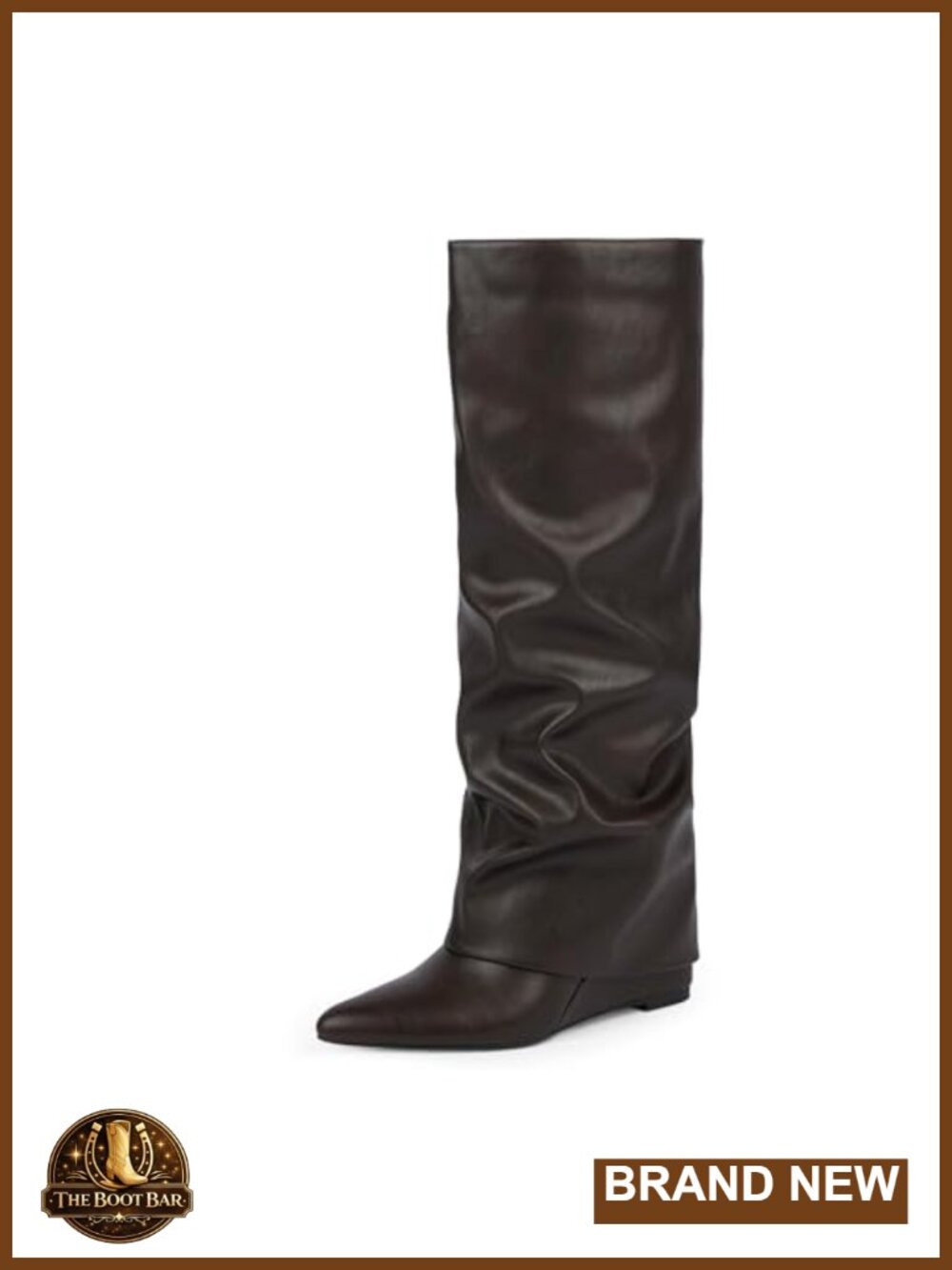 Faux Leather Fold Over Knee High Boots Wedge Heel Pointed Toe Wide Calf